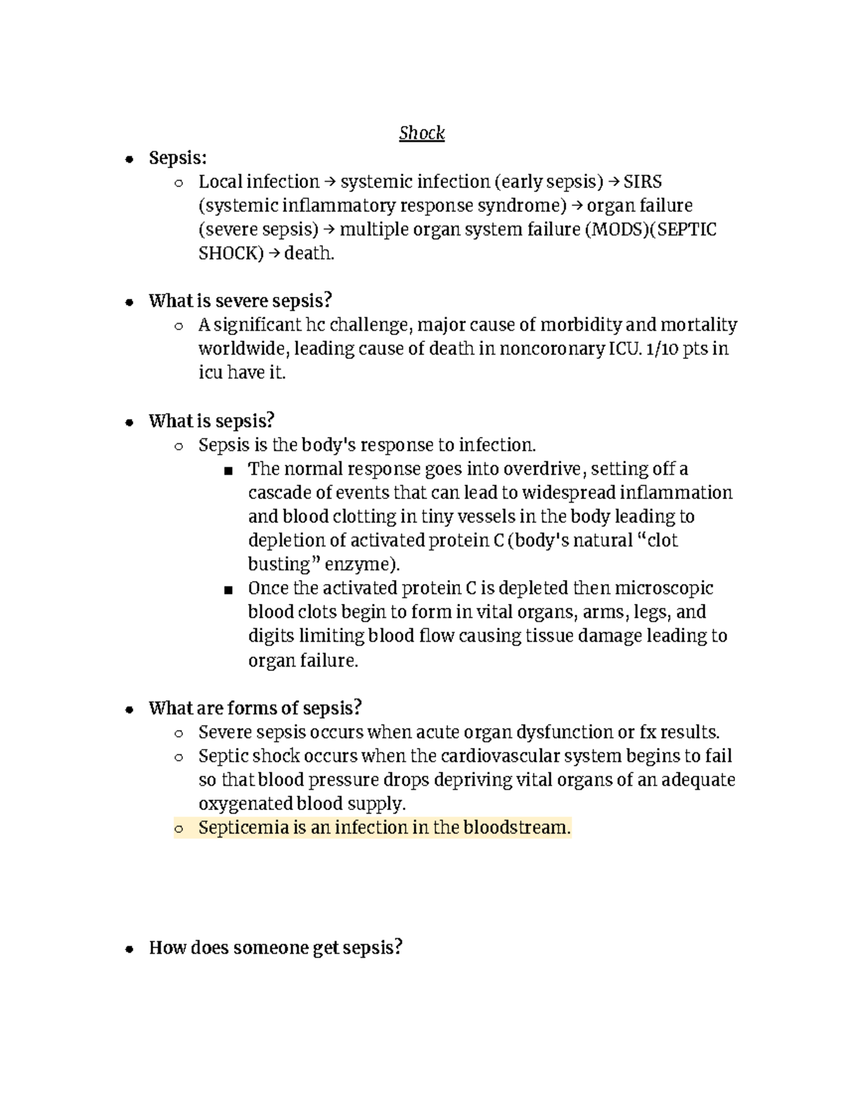 Shock Guided Notes - Shock Sepsis: Local infection systemic infection ...