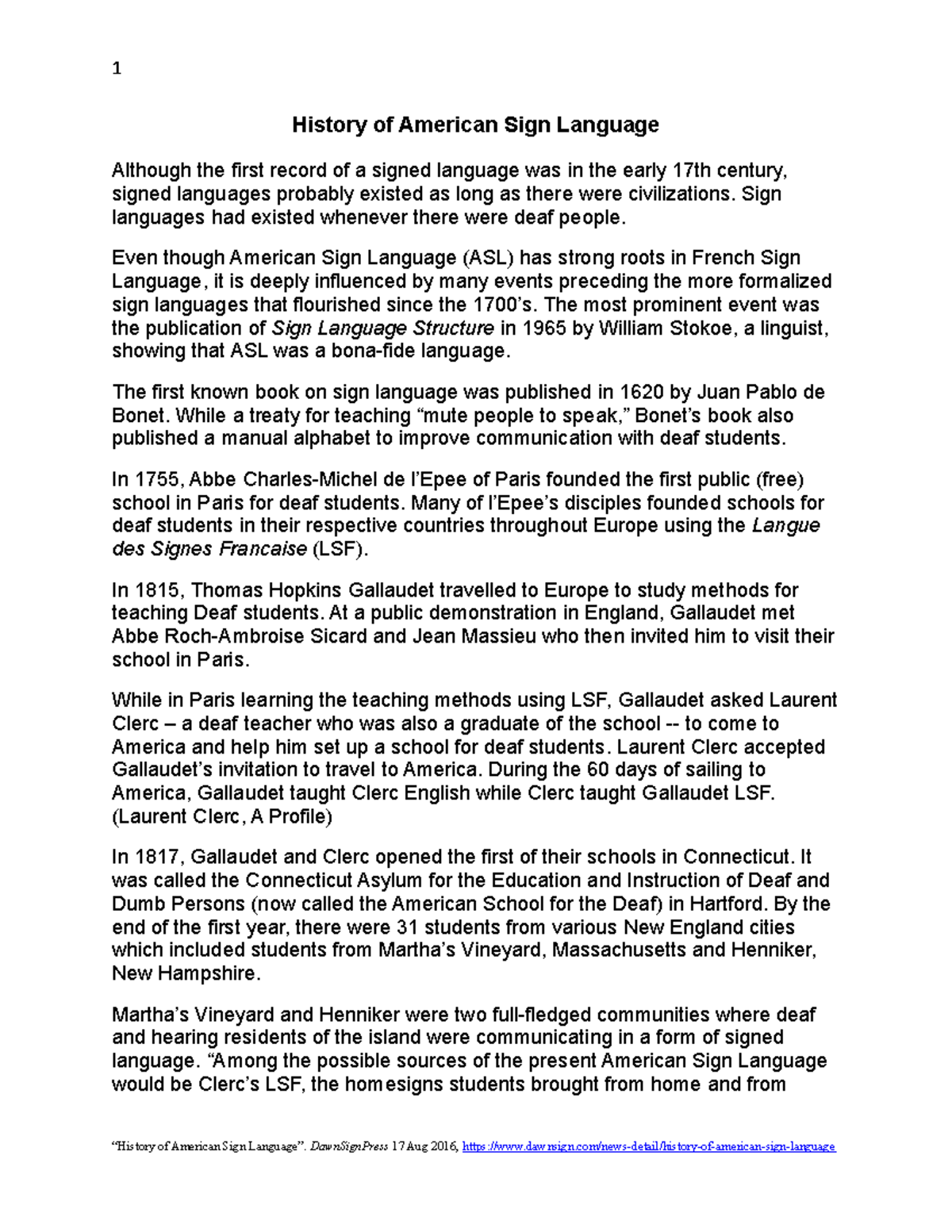 M1 History of ASL Study Guide 1 History of American Sign Language