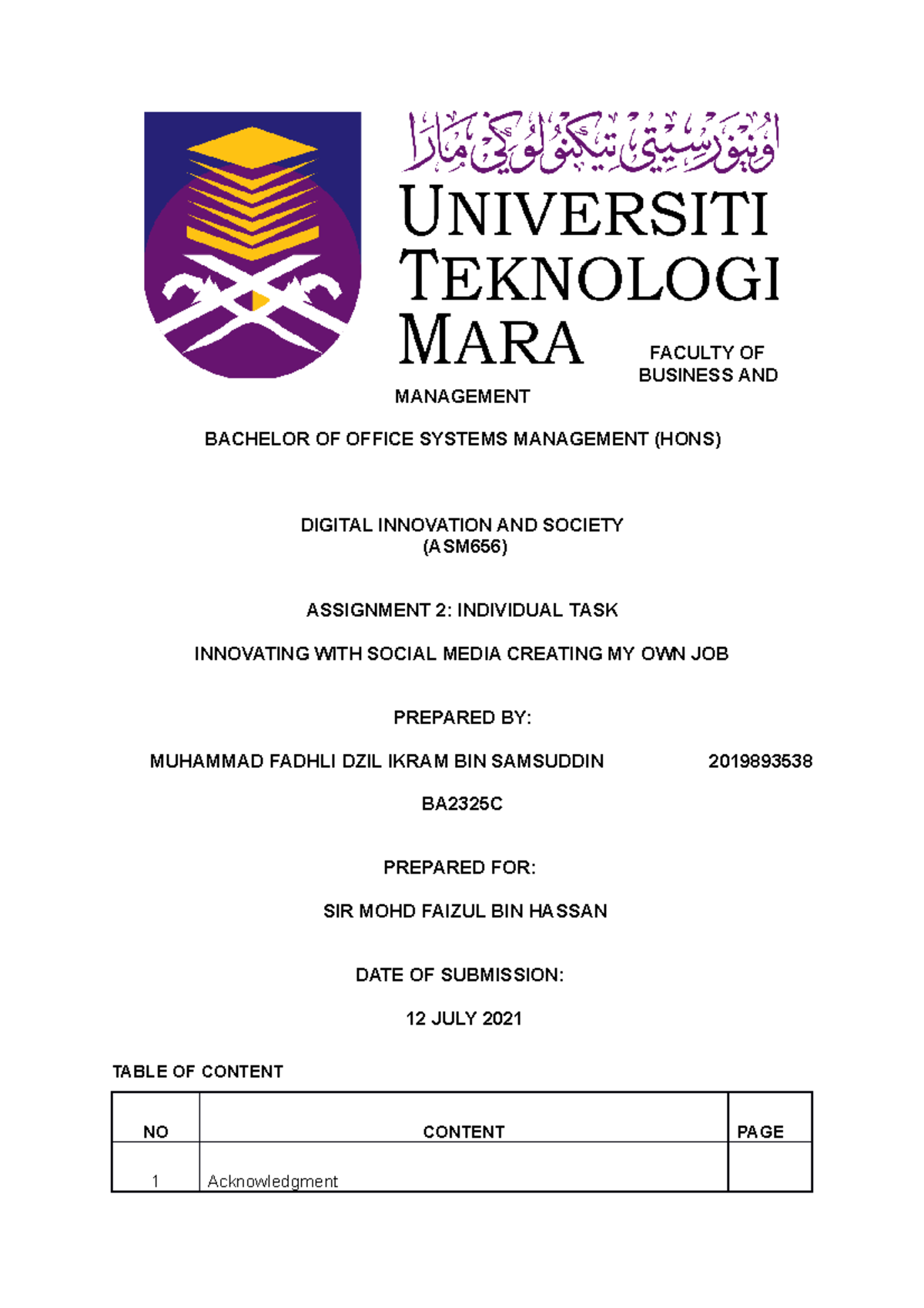 Individual Assignment Muhd Fadhli - Offices Systems - UiTM - Studocu