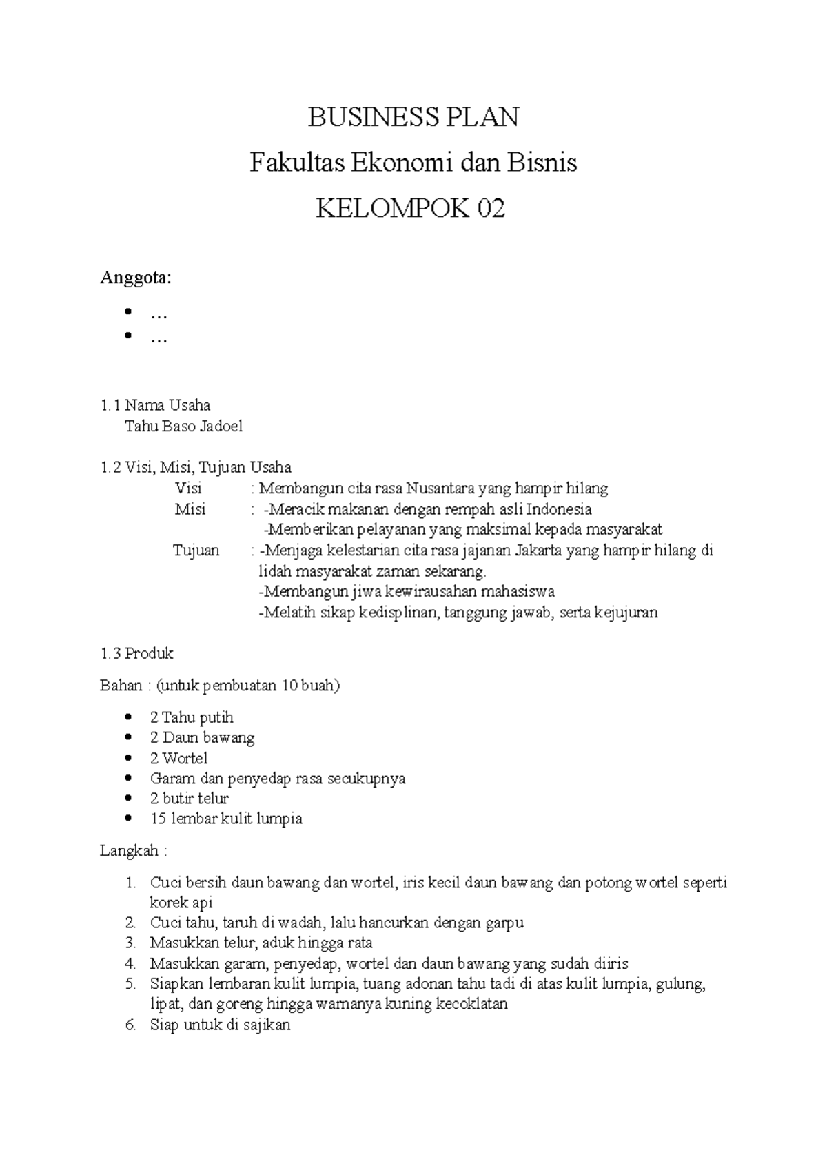 bussines plan group assignment for mid term - BUSINESS PLAN Fakultas ...