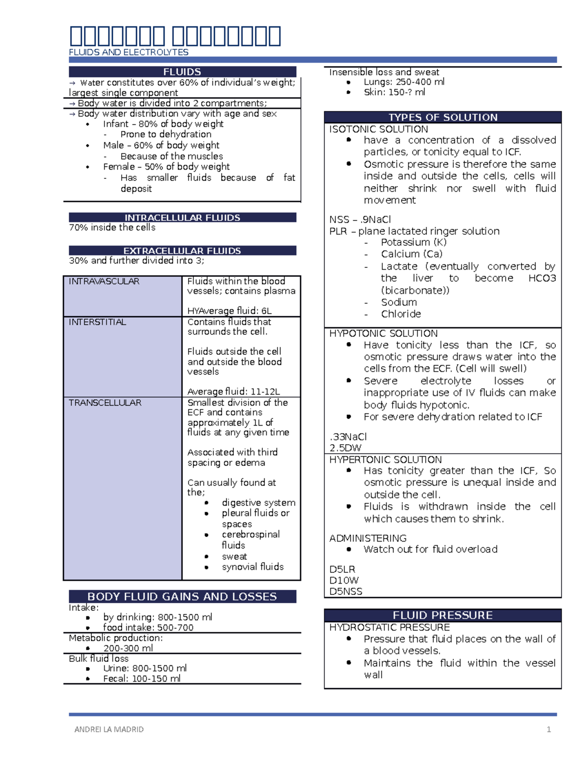 Fluids and Electrolytes Nursing - FLUIDS AND ELECTROLYTES FLUIDS → ...