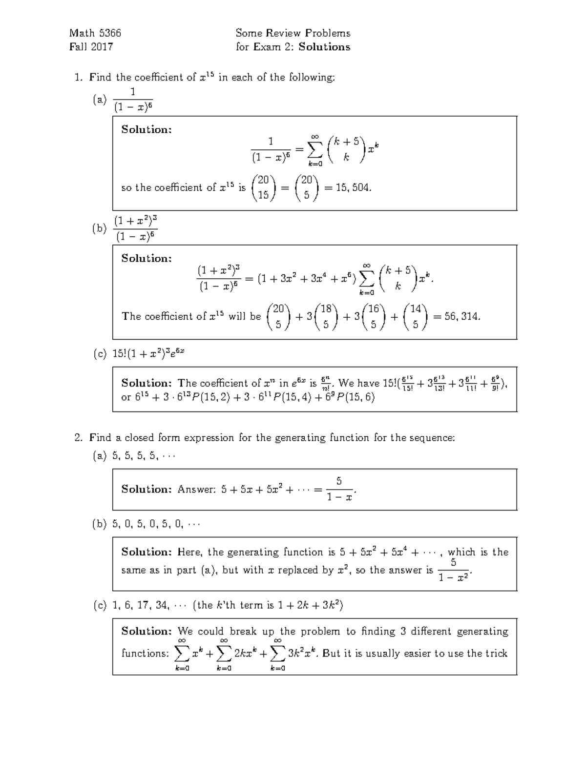 Generating Function Practice Problems - Math 5366 Fall 2017 Some Review ...