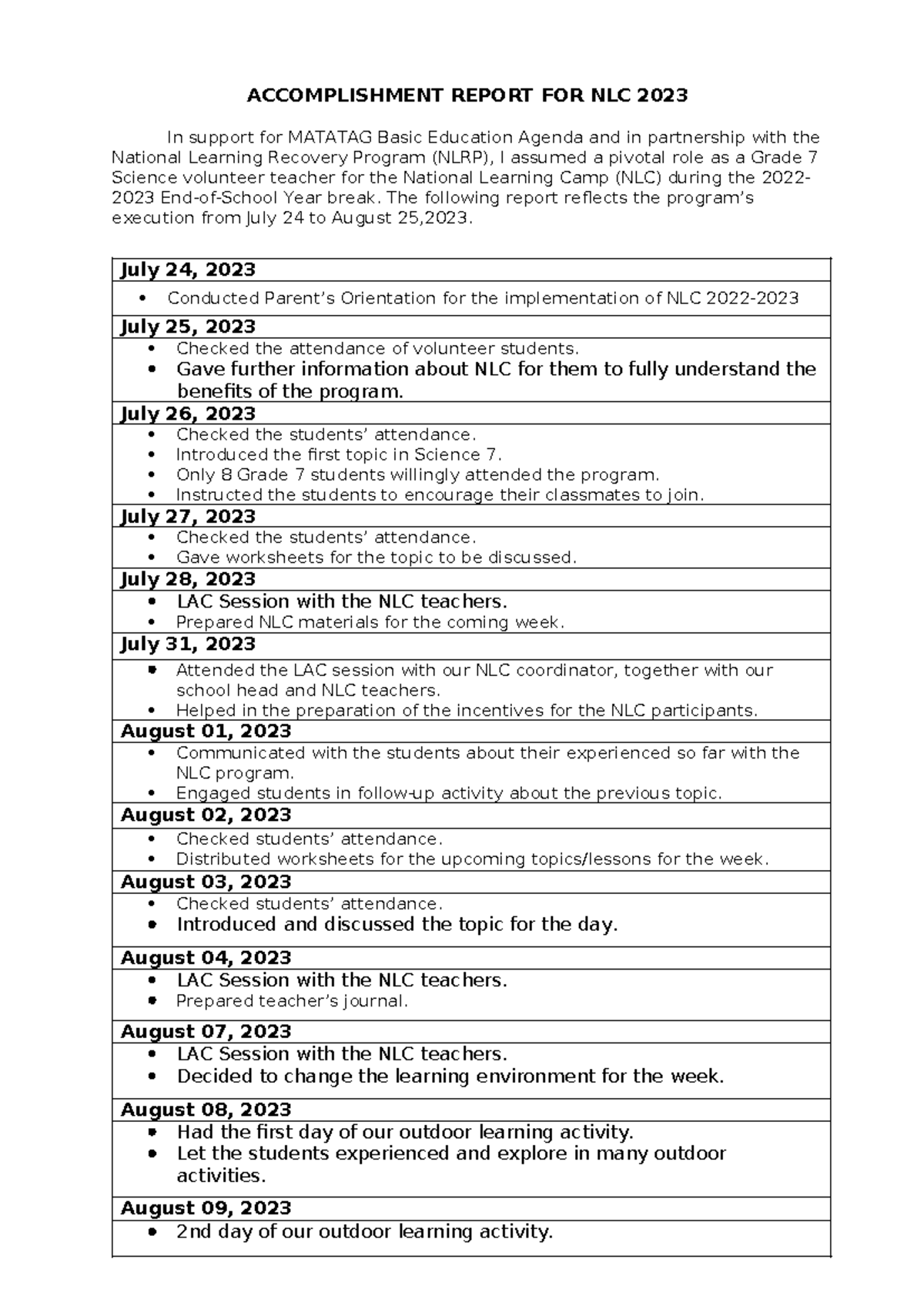 Report NLC 23 REPORT FOR NLC 2023 In