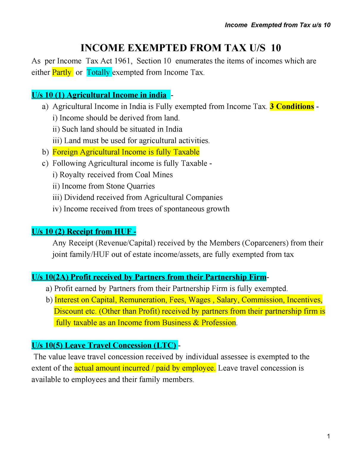 Income Exempted U s 10 Lecture Notes INCOME EXEMPTED FROM TAX U S 