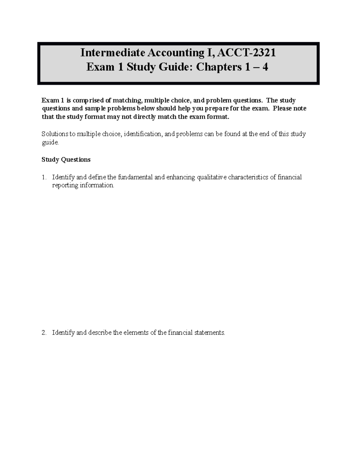 Exam 1 Study Guide - Updated F15 - Intermediate Accounting I, ACCT ...