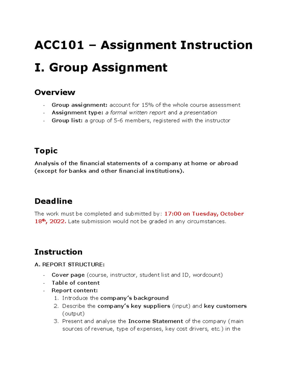 ACC101 - Assignement instruction - ACC101 – Assignment Instruction I ...