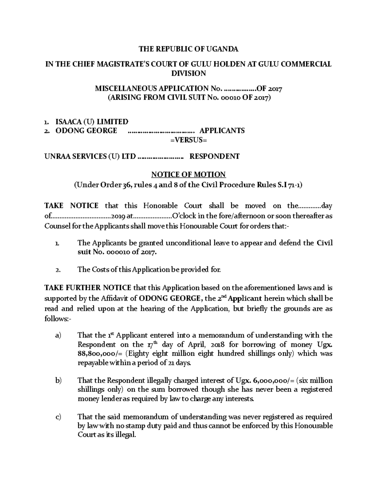 Sample Notice of Motion for Gum - THE REPUBLIC OF UGANDA IN THE CHIEF ...