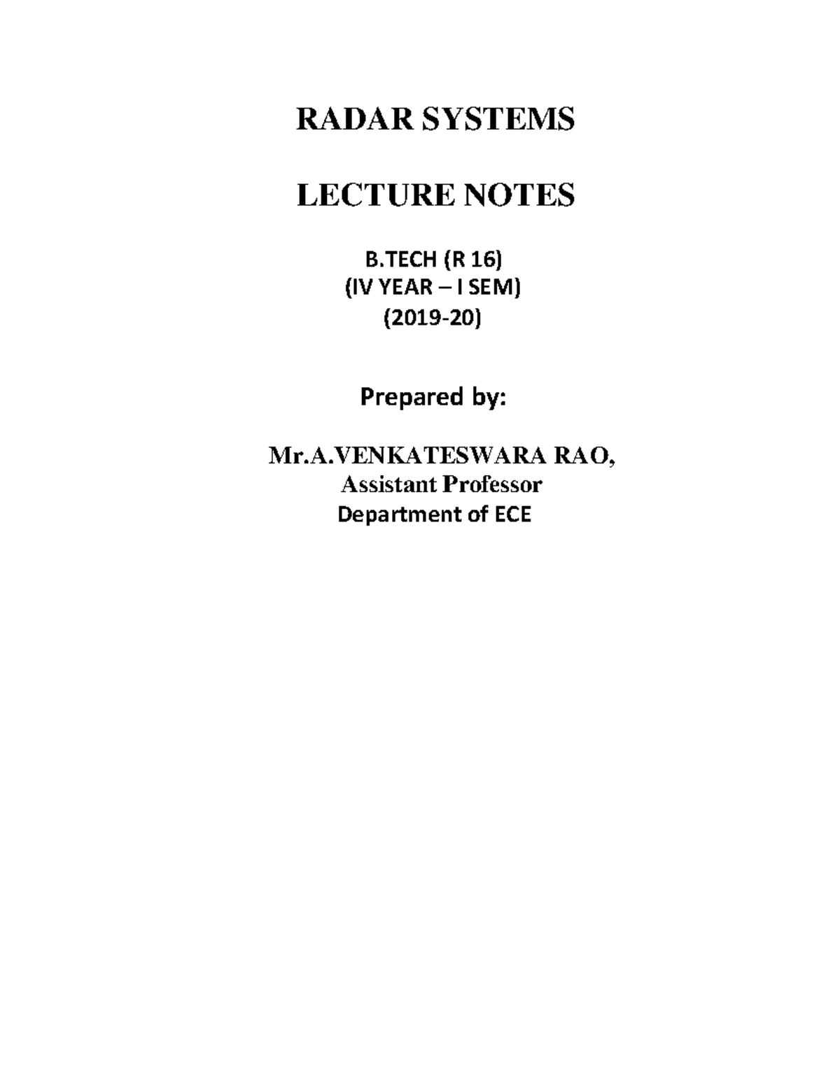 RADAR ENGINEERING NOTES RADAR SYSTEMS LECTURE NOTES B (R 16) (IV YEAR