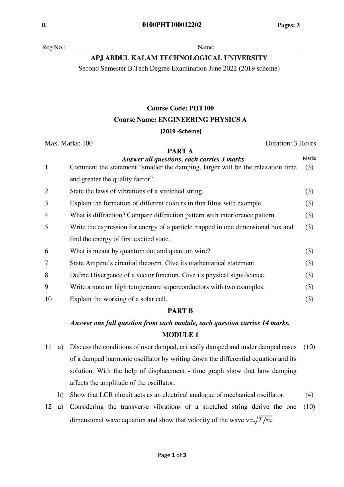 PHT100F important topics 0100PHT Page 1 of 3 Course Code PHT