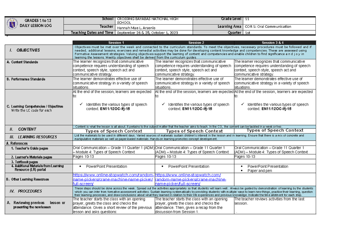 DLL Oral Com Week 4 - ORAL COM DLP - GRADES 1 to 12 DAILY LESSON LOG ...