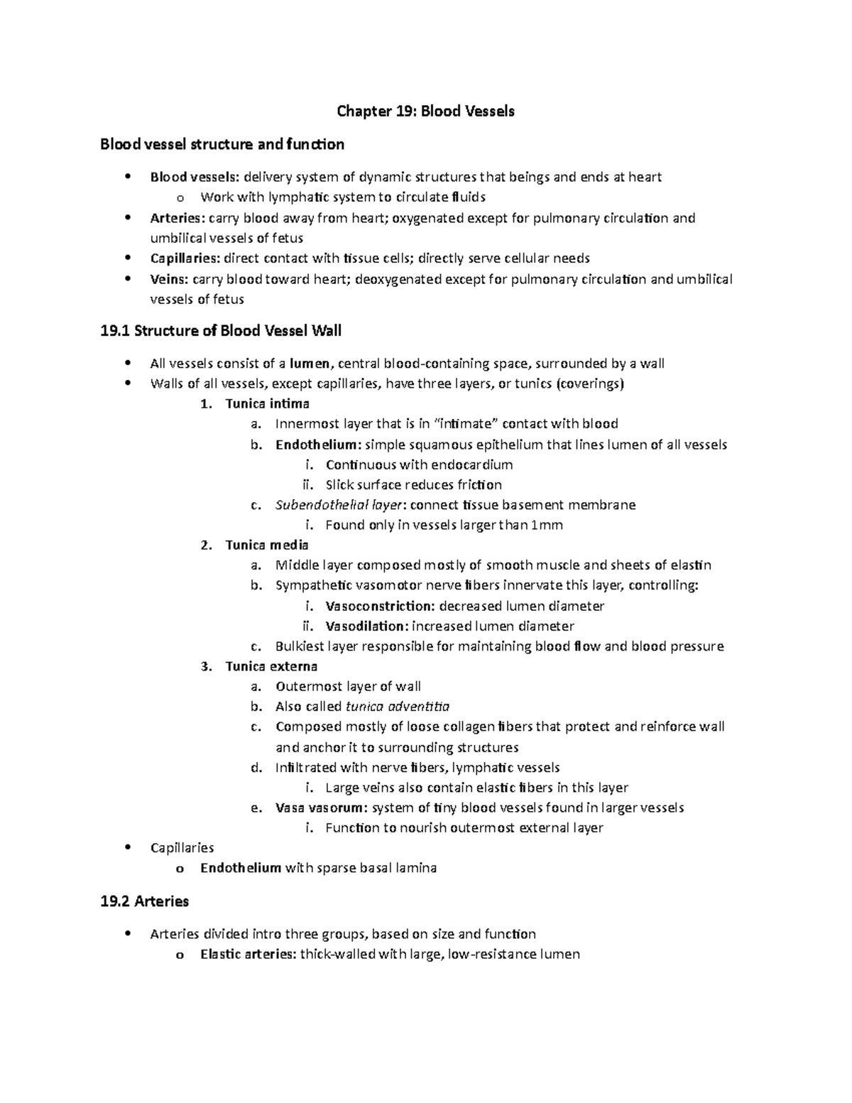 Ch 19 notes - blood vessels; zaineb - Chapter 19: Blood Vessels Blood ...