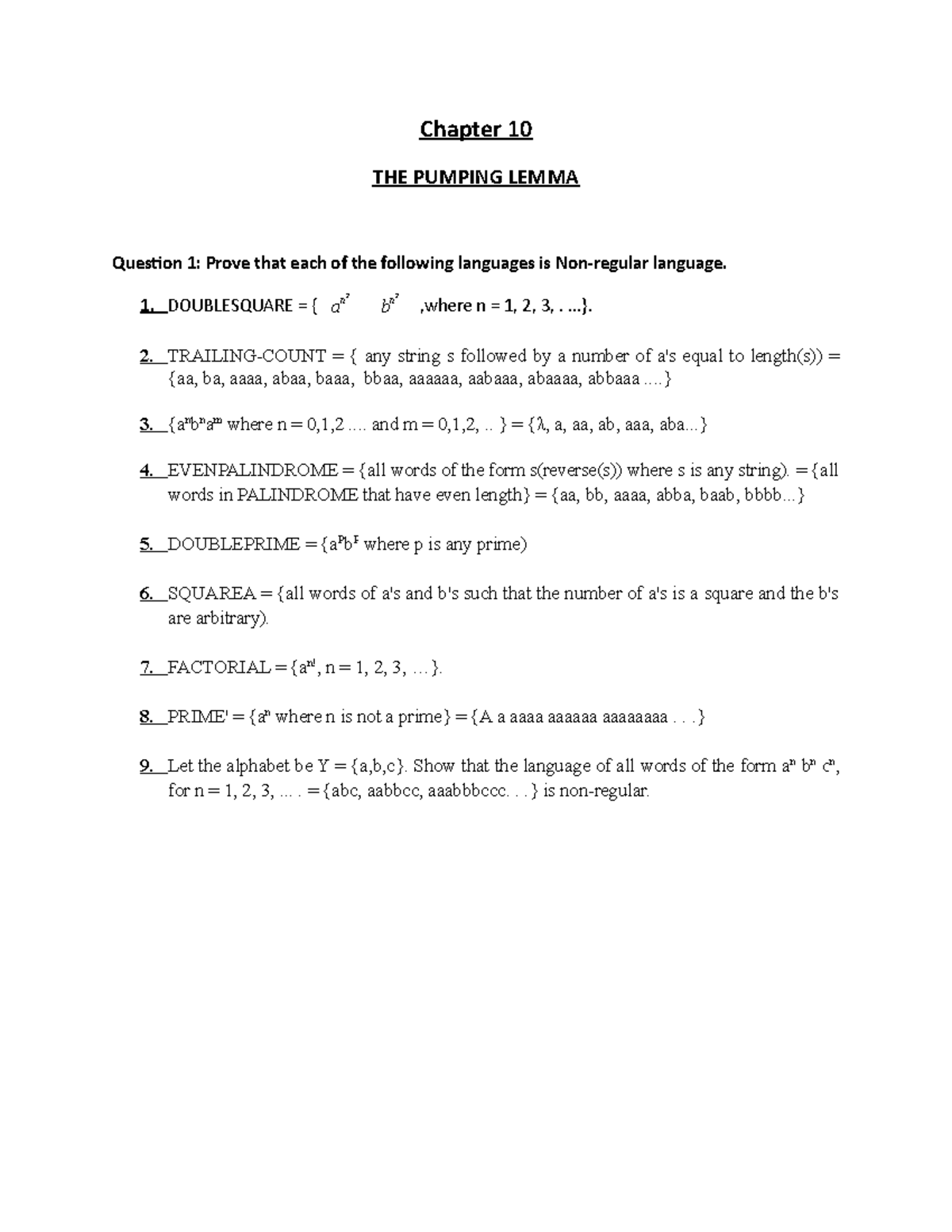 Regular Languages Chapter 10 Pumping Lemma Chapter 10 THE PUMPING