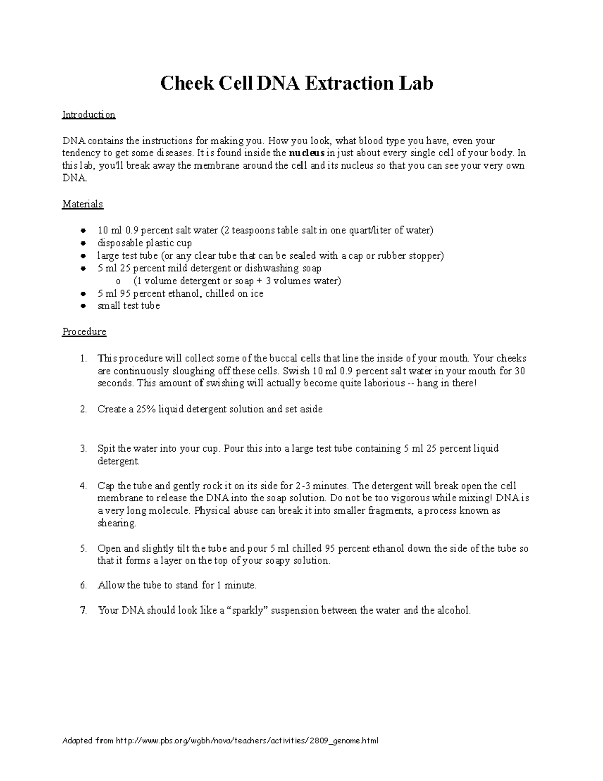 DNA Extraction Procedure Cheek Cell DNA Extraction Lab Introduction