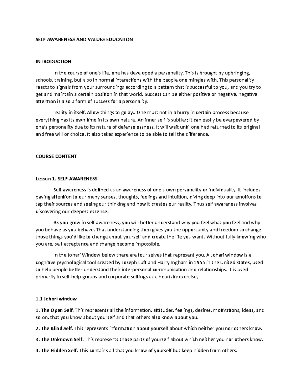 SELF Awareness AND Values Education - SELF AWARENESS AND VALUES ...