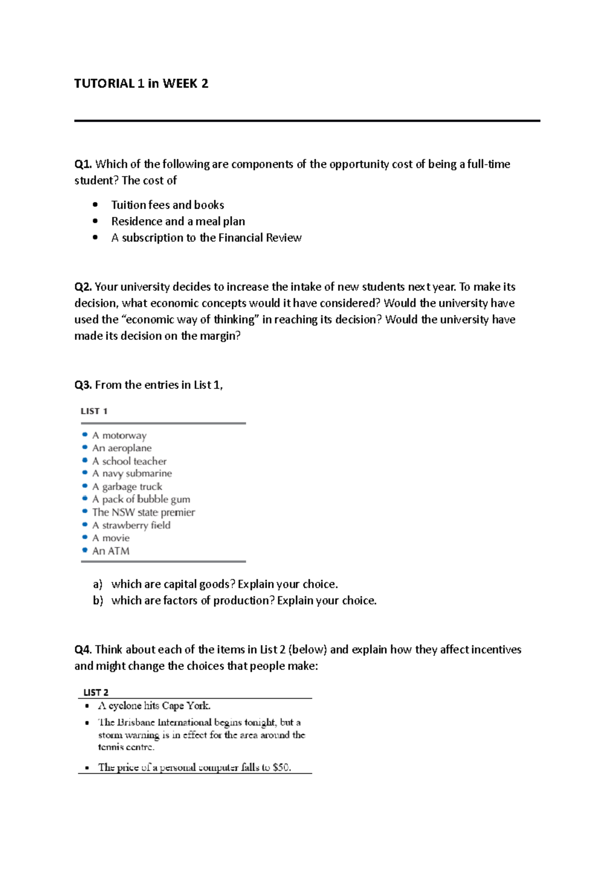 Tutorial 1 Efb231 - Lecture Notes - TUTORIAL 1 In WEEK 2 Q1. Which Of ...