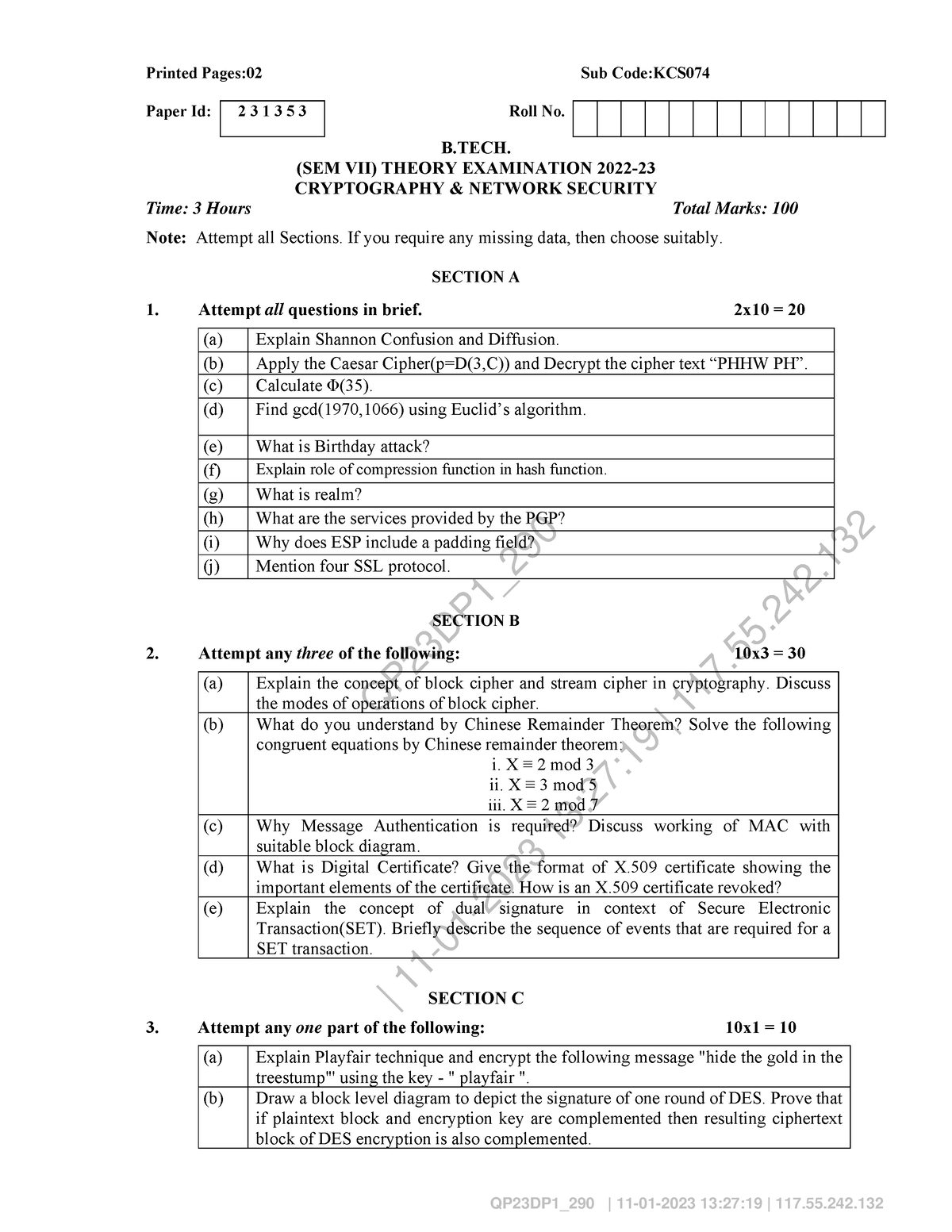 Cryptography Network Security KCS074 - QP23DP1_ | 11-01-2023 13:27:19 ...