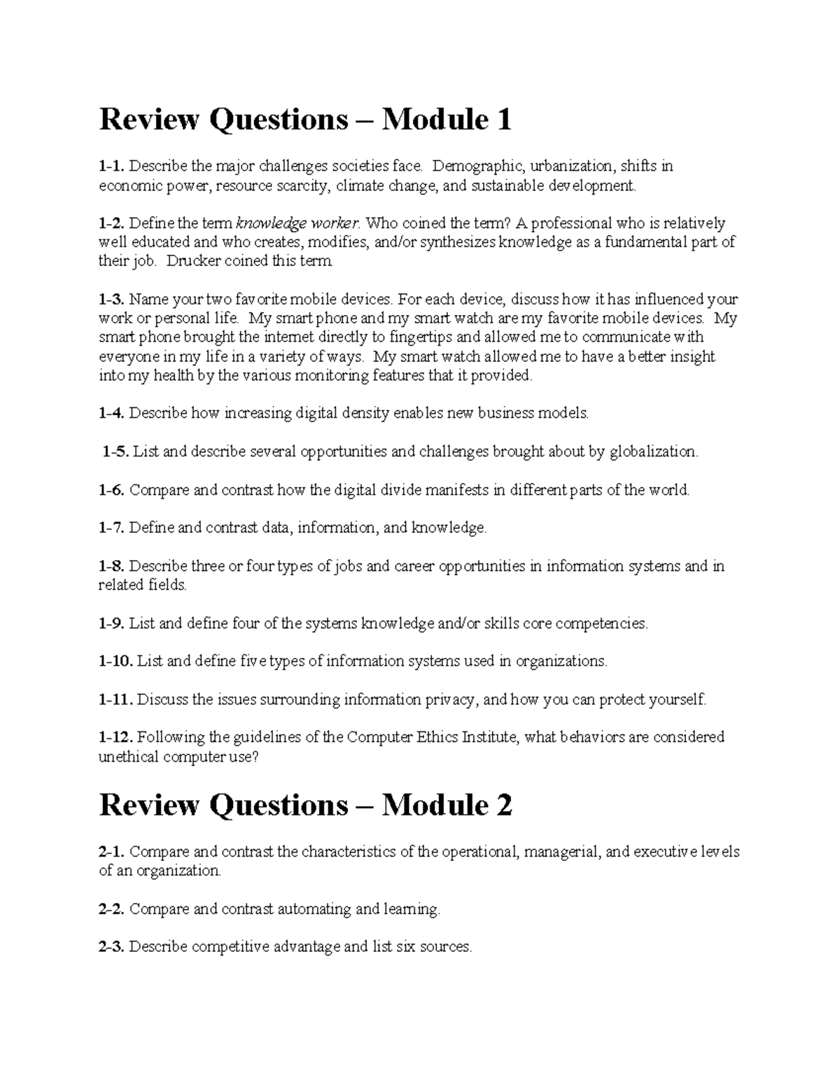 Review Questions Summary Management Information Systems Review