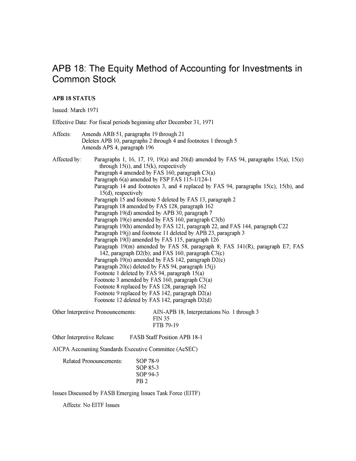 APB 18: The Equity Method Of Accounting For Investments In Common Stock ...