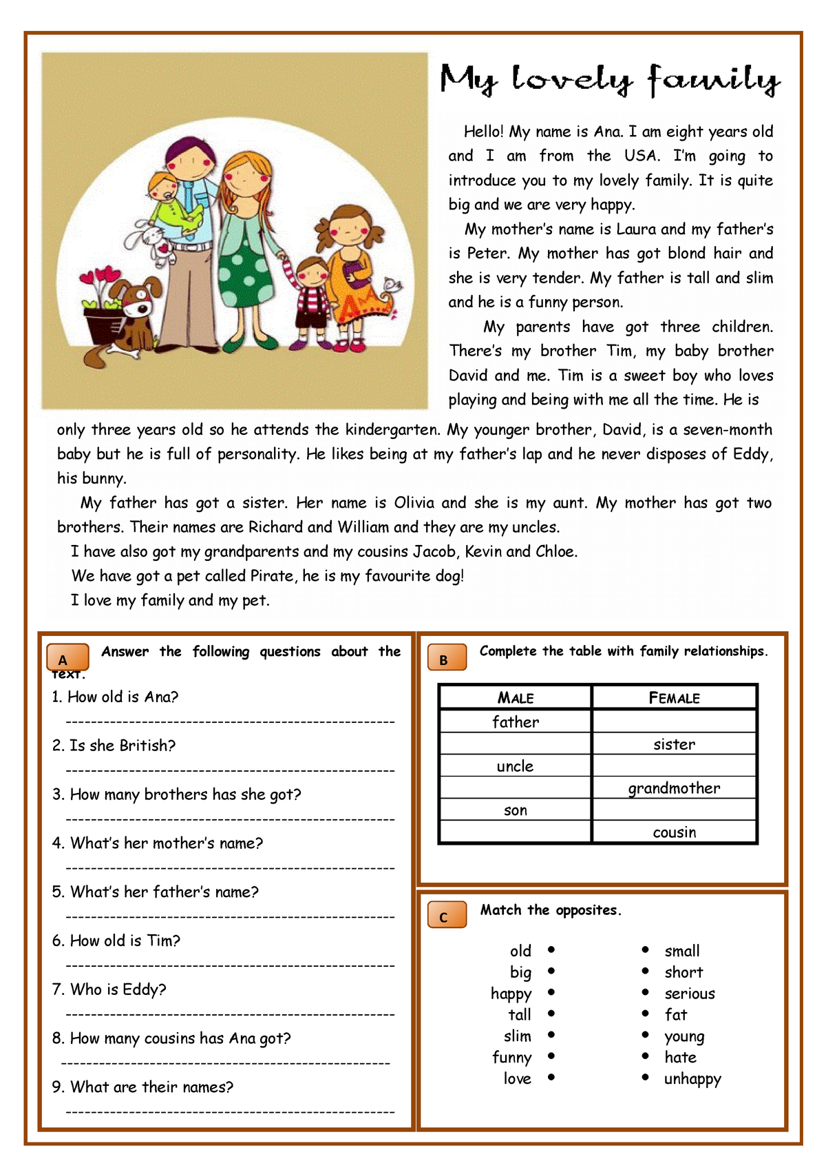 Task read and listen to the text. Reading Comprehension английский. Чтение my Family for Kids. Задания English for Elementary. Чтение Elementary Worksheet.