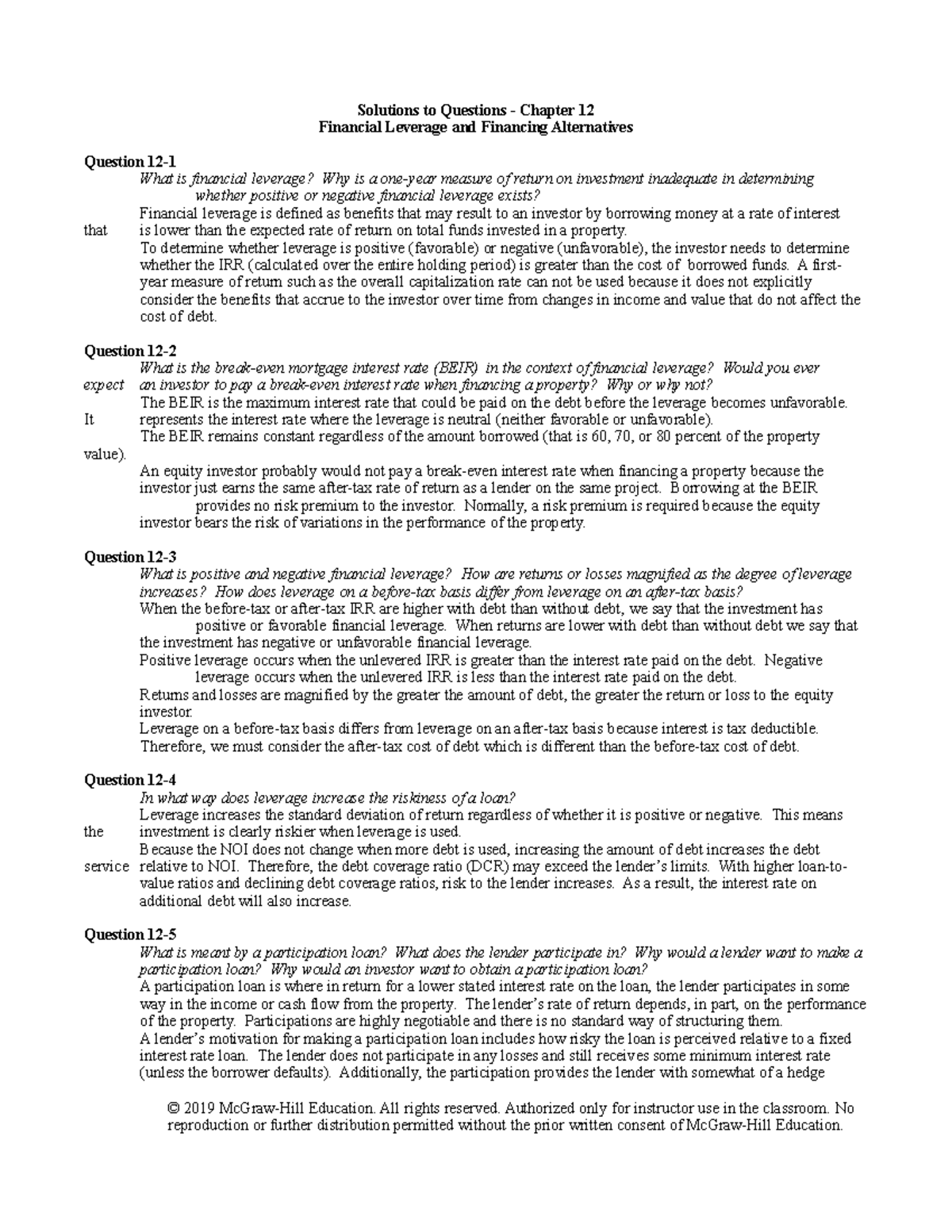 Brueggeman IMChapter 12 - Solutions to Questions - Chapter 12 Financial ...