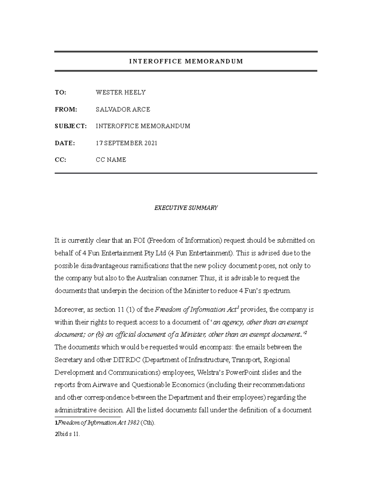 70617 Administrative Law Assignment Task 2 Spring 2021-1 - INTEROFFICE ...