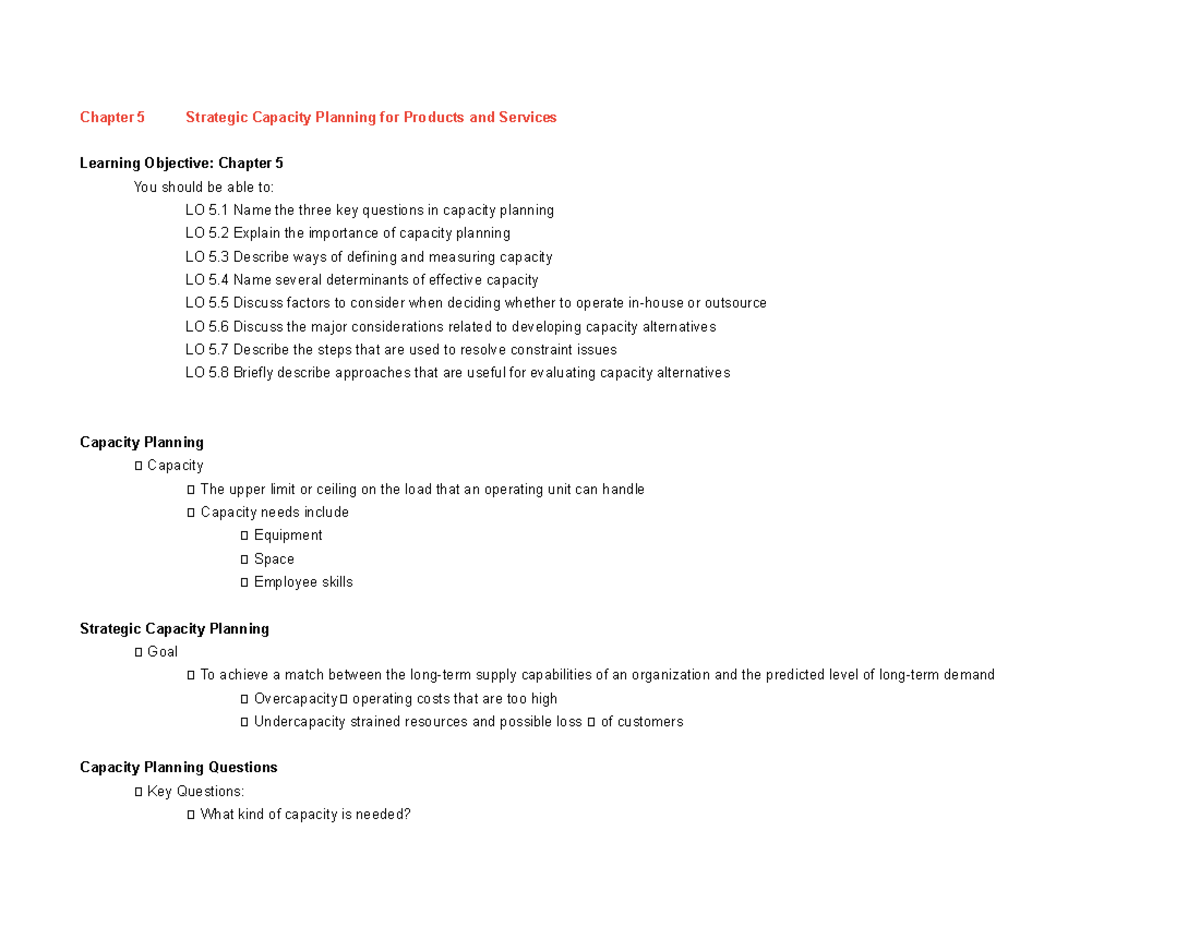 Management 3332 - Chapter 5 Notes - Chapter 5 Strategic Capacity ...