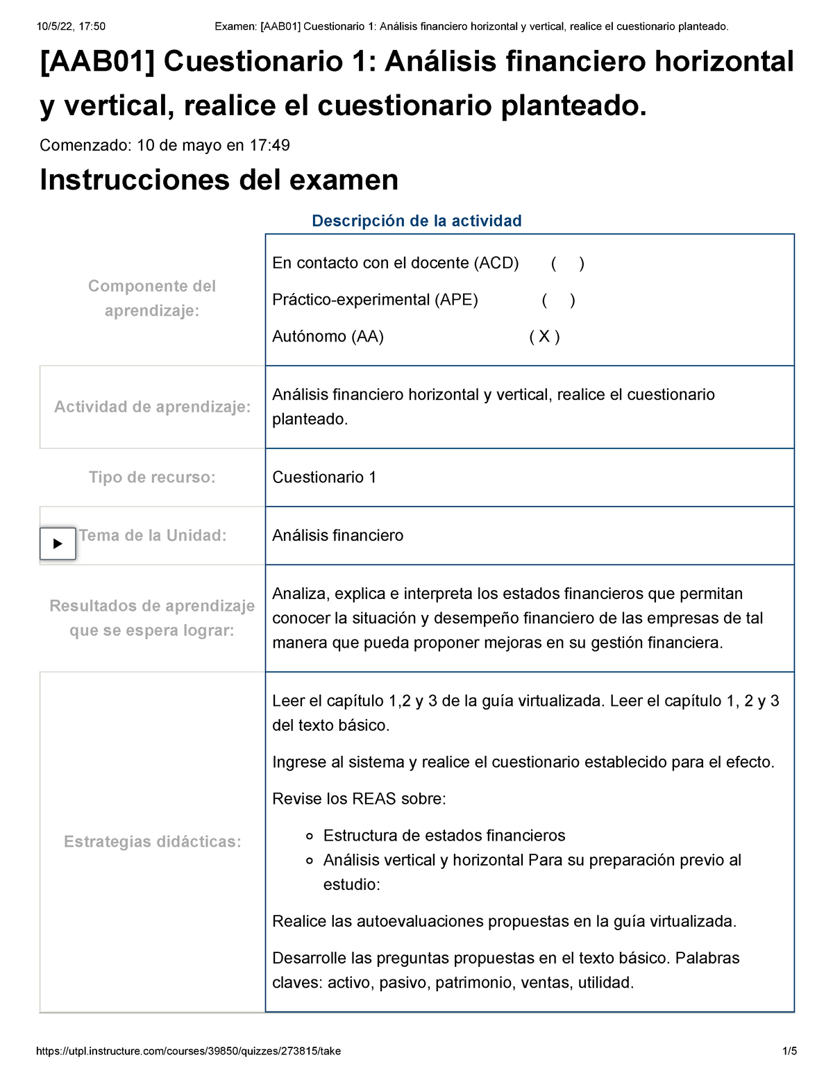 Examen [AAB01] Cuestionario 1 Análisis Financiero Horizontal Y Vertical ...