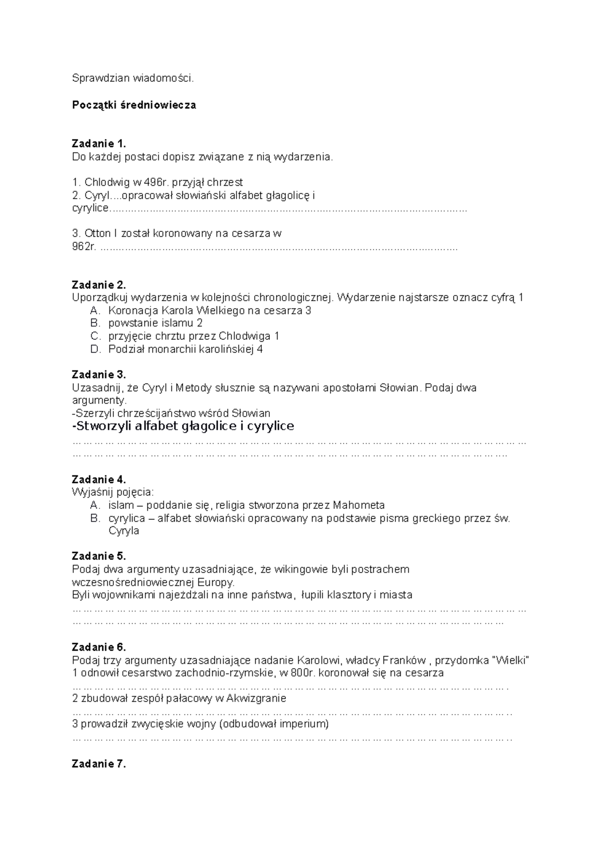Sprawdzian Z Działu Początki średniowiecza Klasa 1 Gimnazjum Pdf