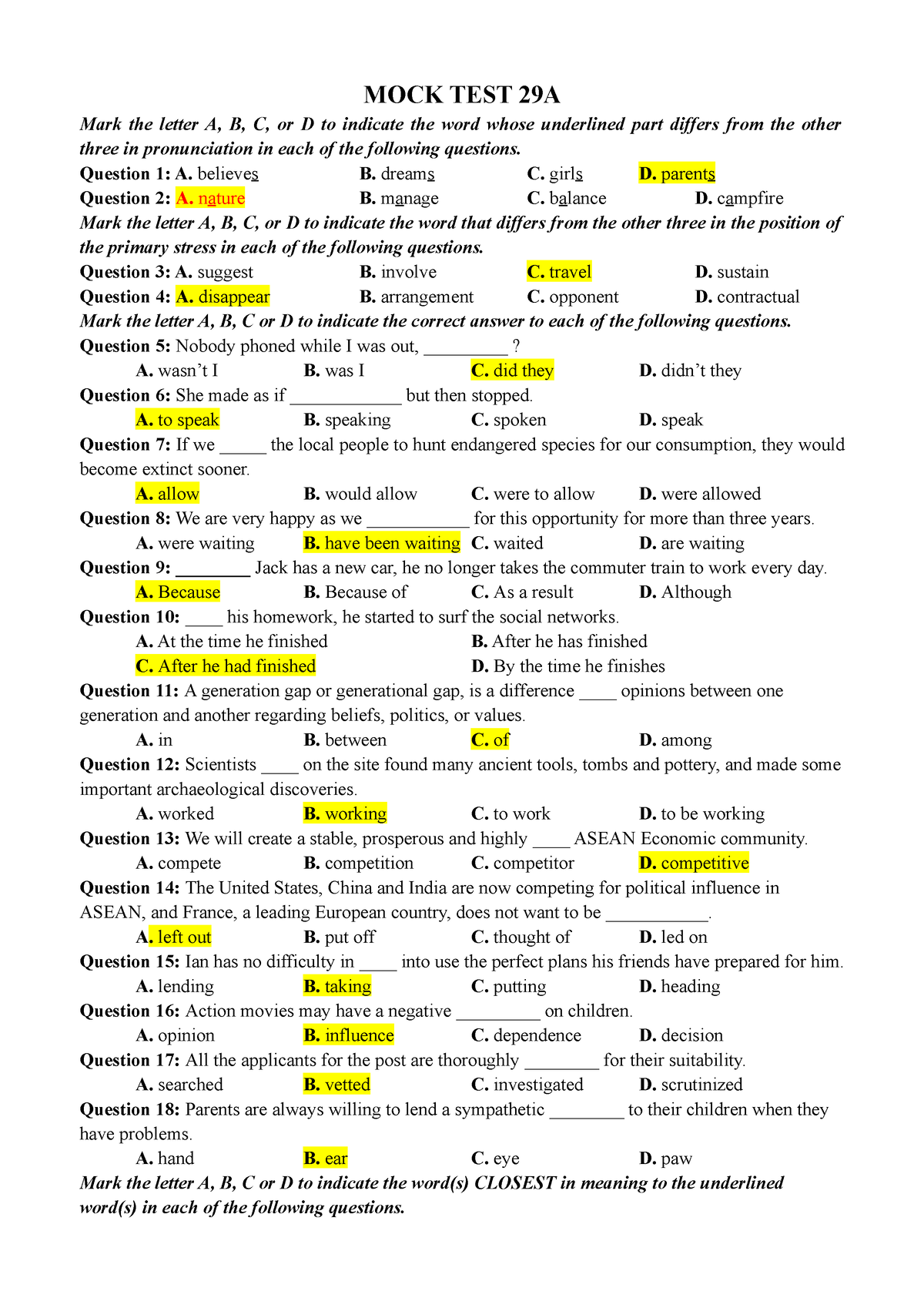 MOCK TEST 29A - Mock Test - MOCK TEST 29A Mark The Letter A, B, C, Or D ...