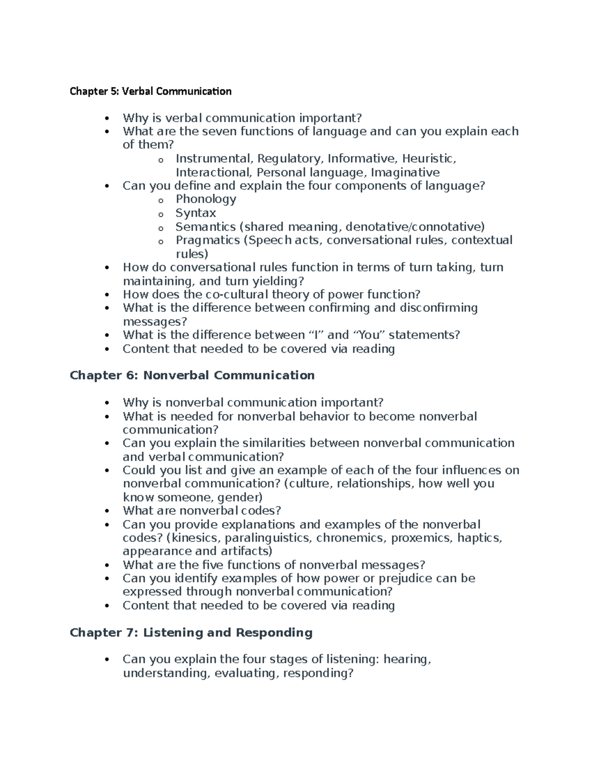 Test 2 review sheet Chapter 5 Verbal Communication Why is verbal