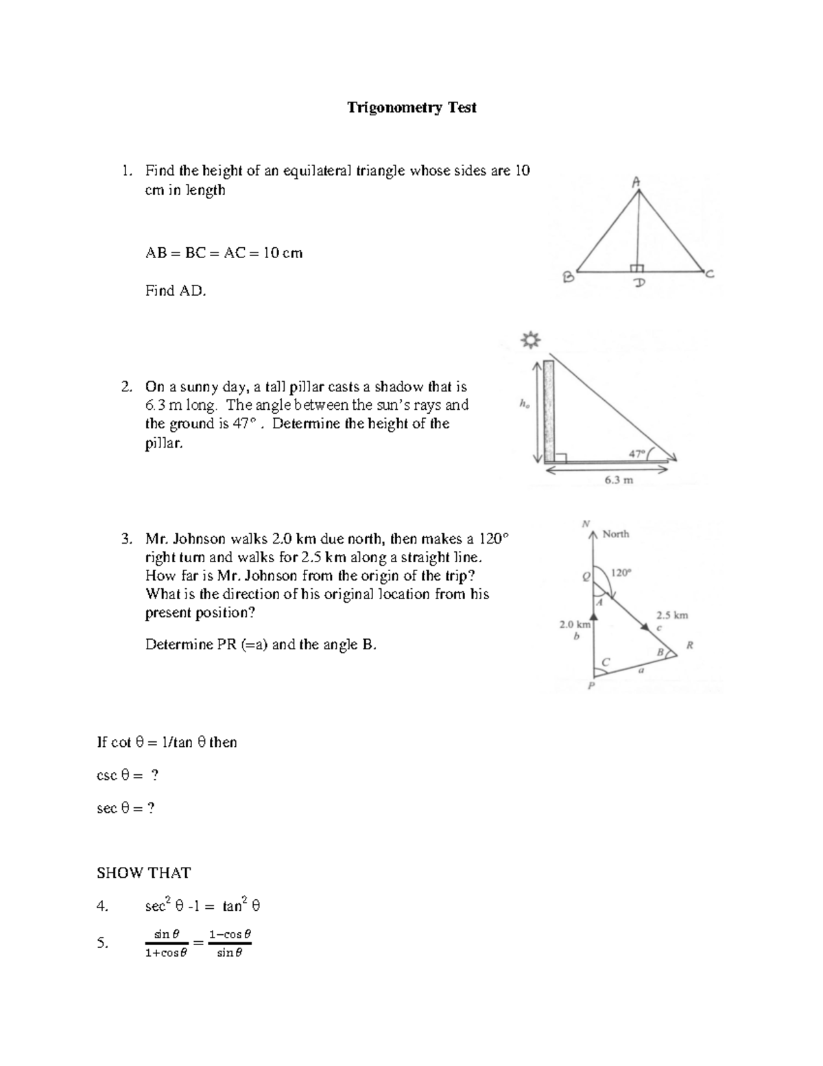 Trigonometry Test - Assignment 1 - Sheet 1 - Trigonometry Test Find the ...