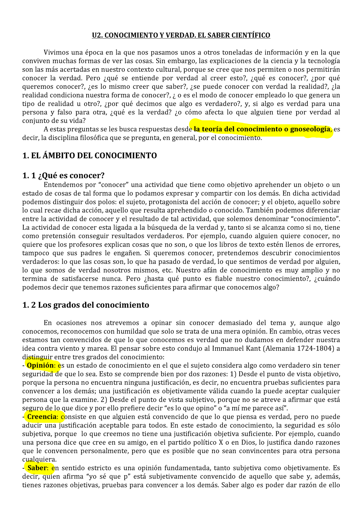 U2. Apuntes Conocimiento Y Verdad. EL Saber Cientiì FICO - U2 ...