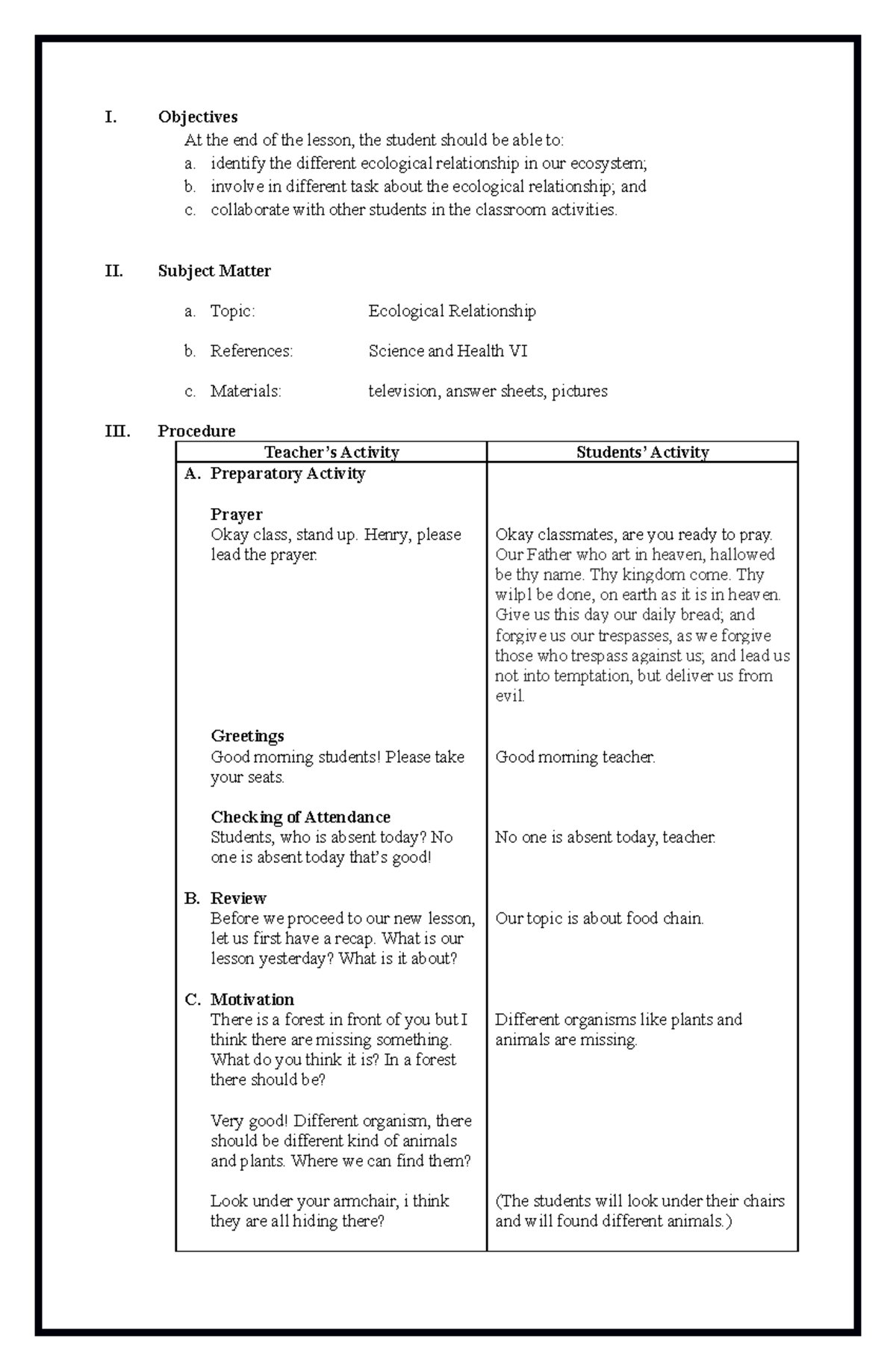 Final Demo- Ecological relationship - I. Objectives At the end of the ...