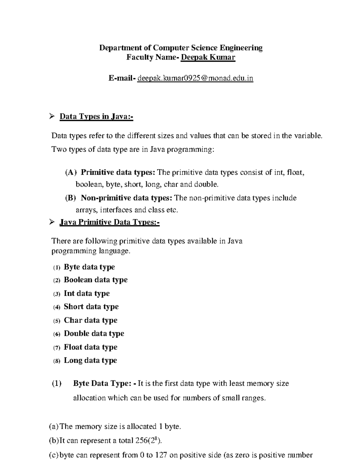 Data types in java - notes - Department of Computer Science Engineering ...