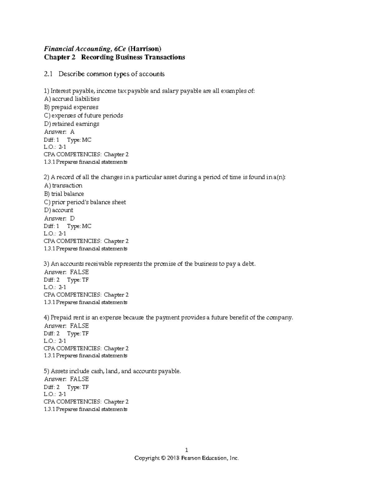 Chapter 2 test bank questions - Financial Accounting, 6Ce (Harrison ...