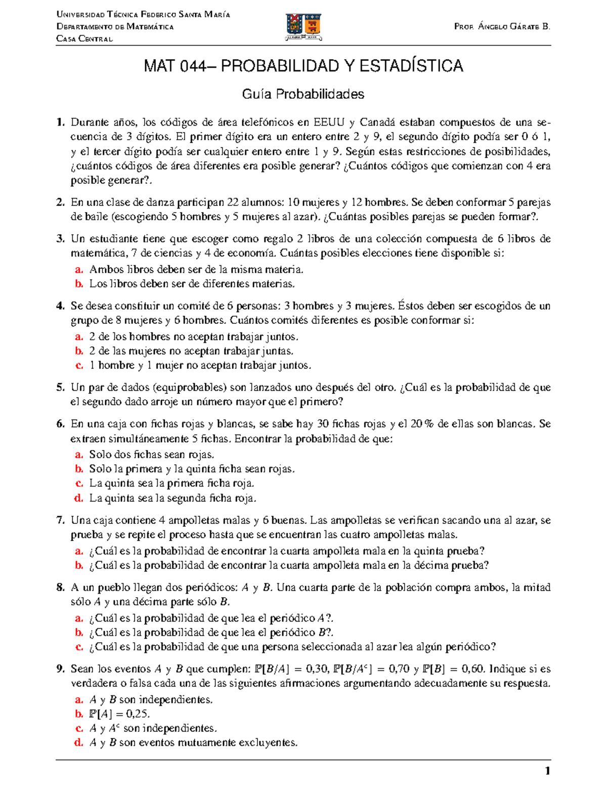 Gu a Probabilidades Universidad T ecnica Federico Santa Mar a 