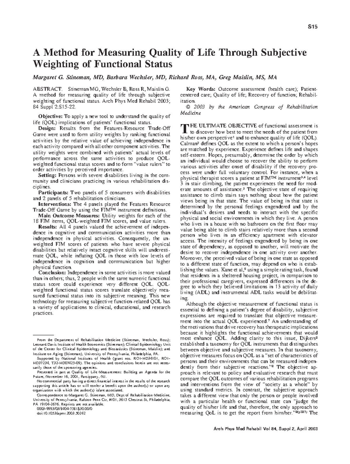 A method for measuring quality of life t A Method for Measuring