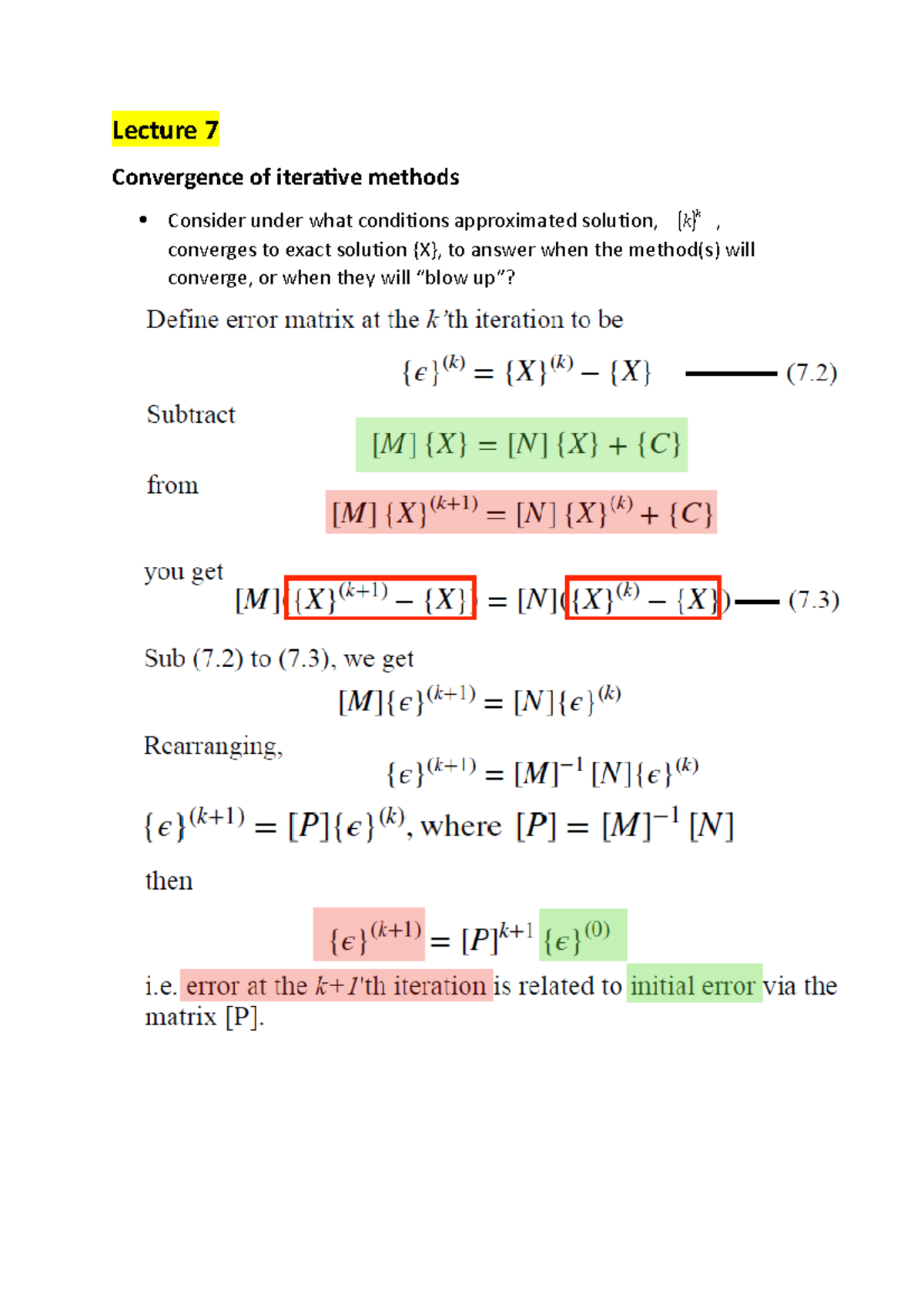 Lecture 7 - Lecture 7 Convergence of iterative methods Consider under ...