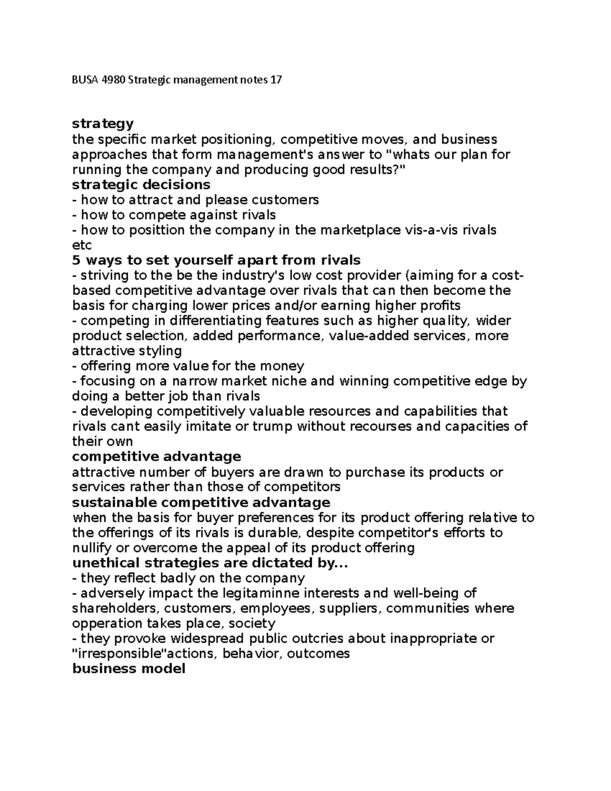 BUSA 4980 Strategic management notes 17 - BUSA 4980 Strategic ...