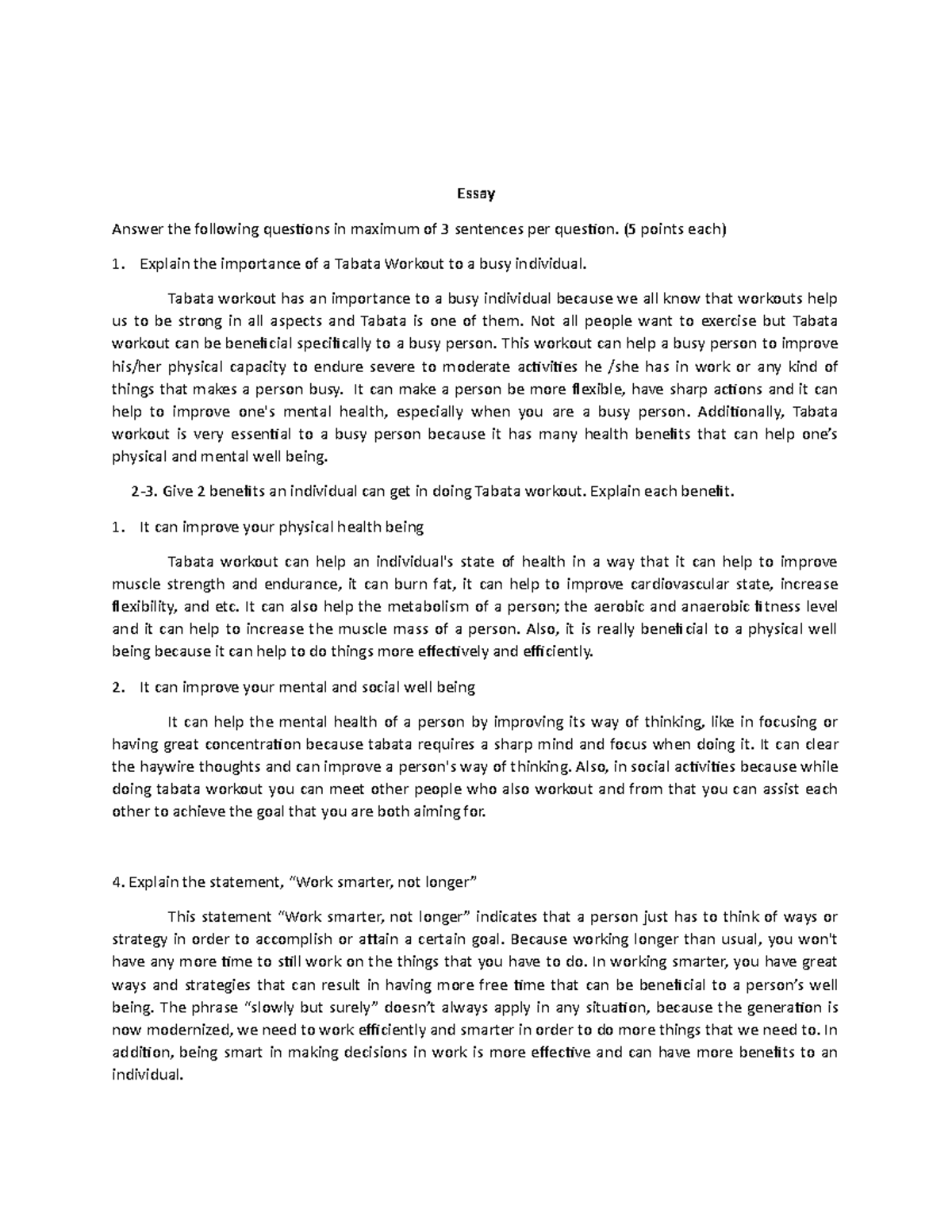 short essay maximum of 3 sentences