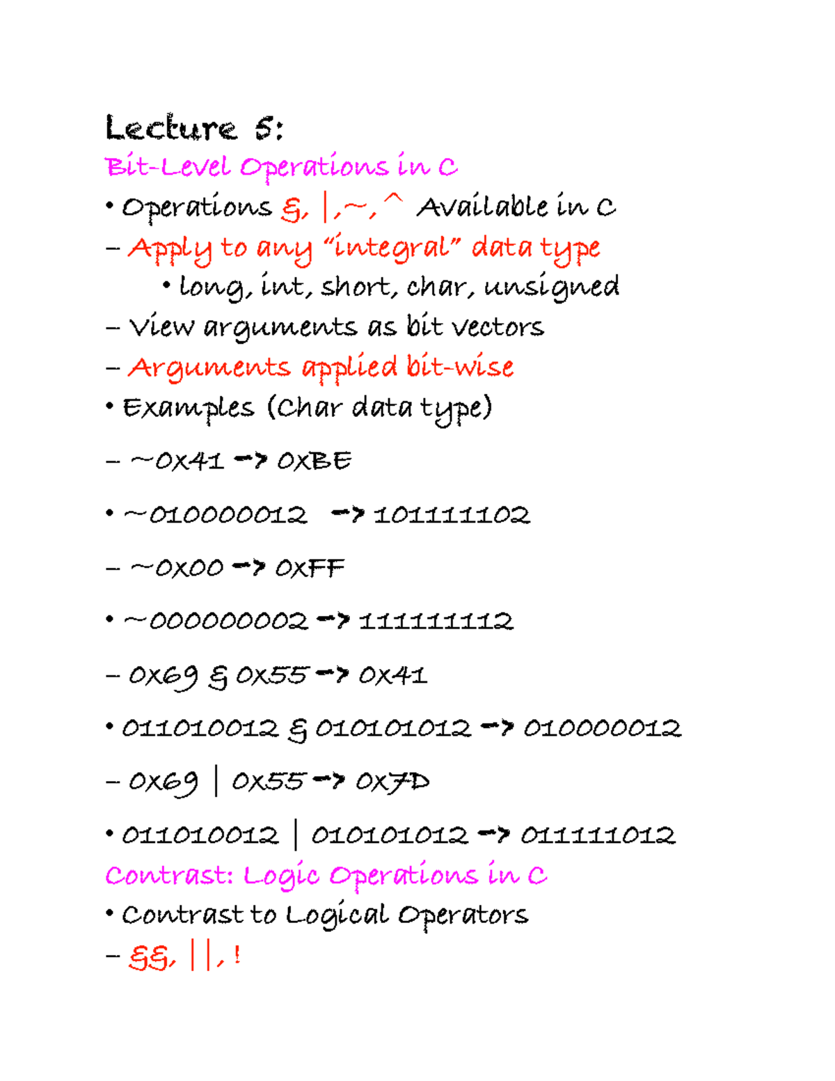 Lecture 5 - Lecture 5: Bit-Level Operations in C Operations ...