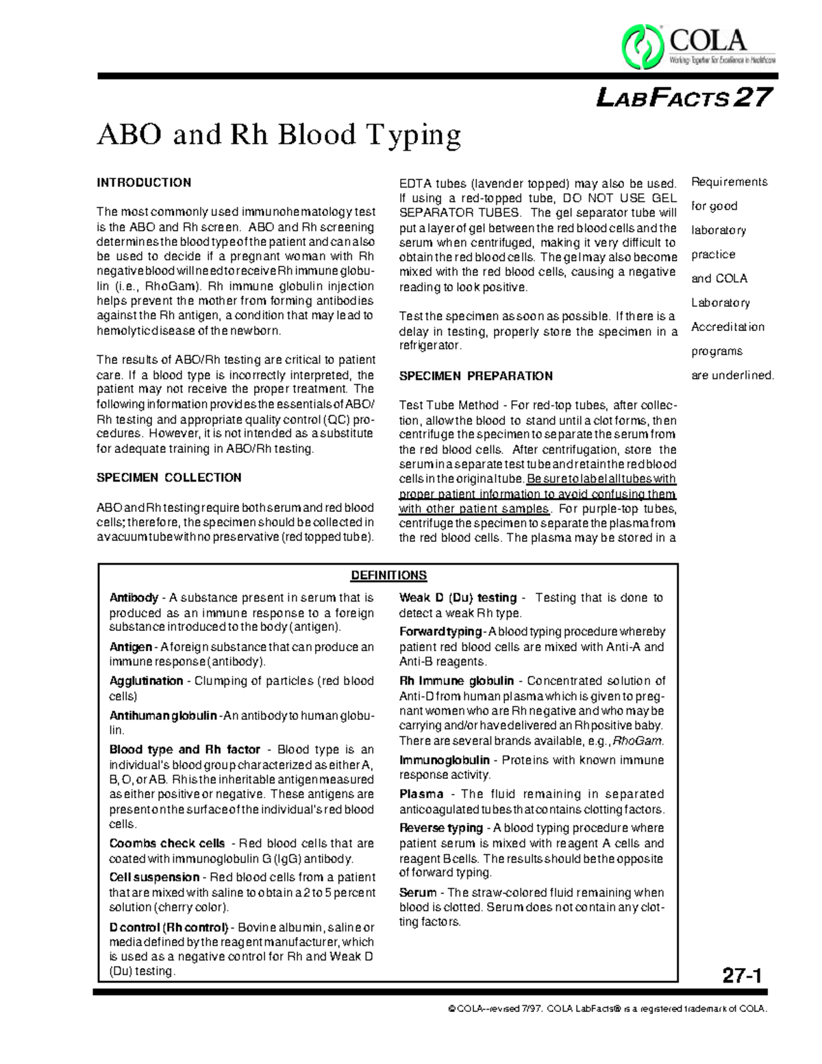 ISBB abo blood group system testing Requirements for good laboratory