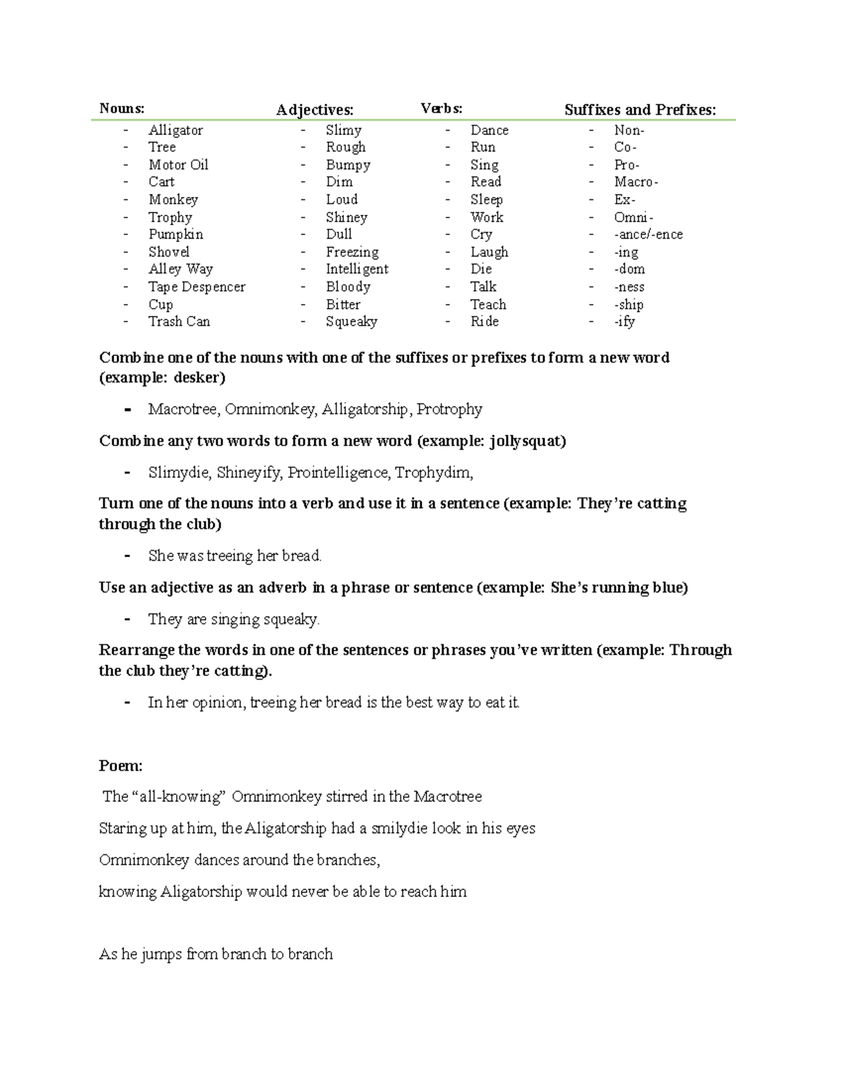 Pre Writing (Creative Wordplay) Nouns Adjectives Verbs Suffixes