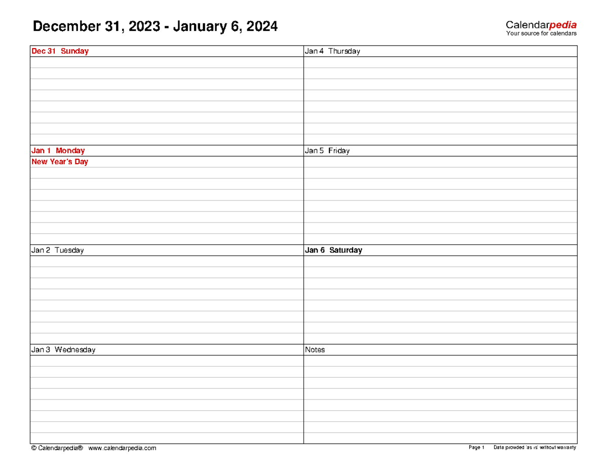 Weekly calendar 2024 landscape 2 columns - December 31, 2023 - January ...