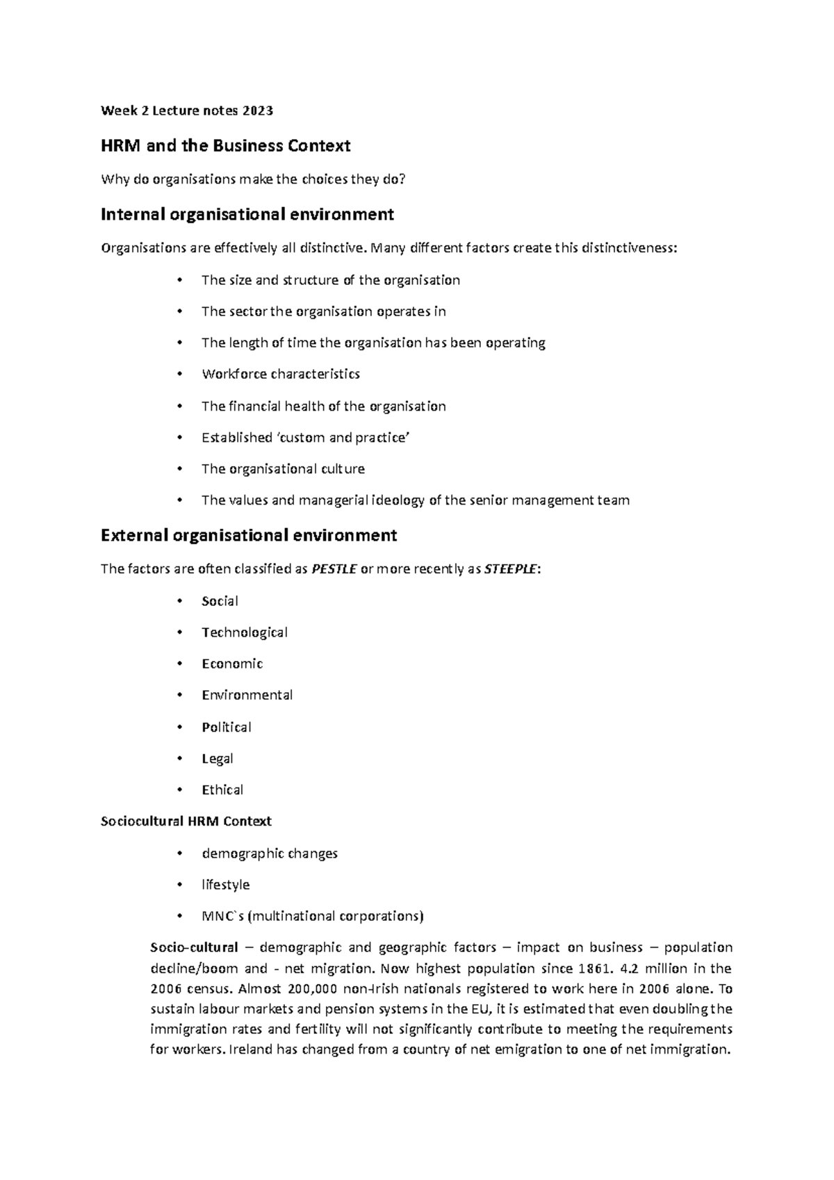 HRM and the Business Context Week 2 - Week 2 Lecture notes 2023 HRM and ...