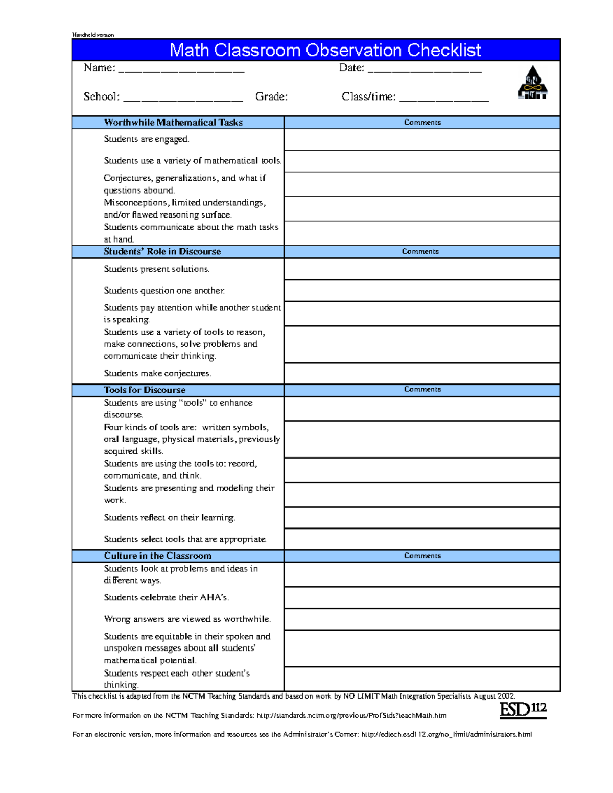 Math classroom observation checklist - Handheld version Math Classroom ...