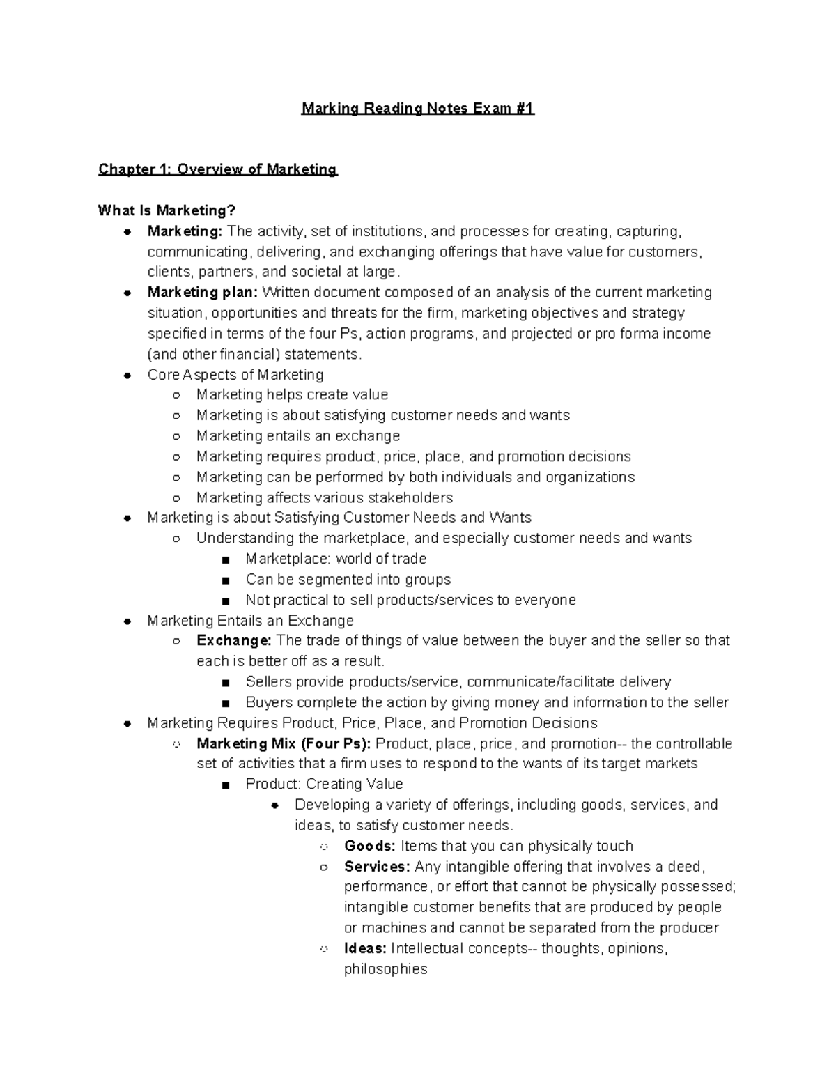 marketing-reading-notes-exam-1-marketing-plan-written-document