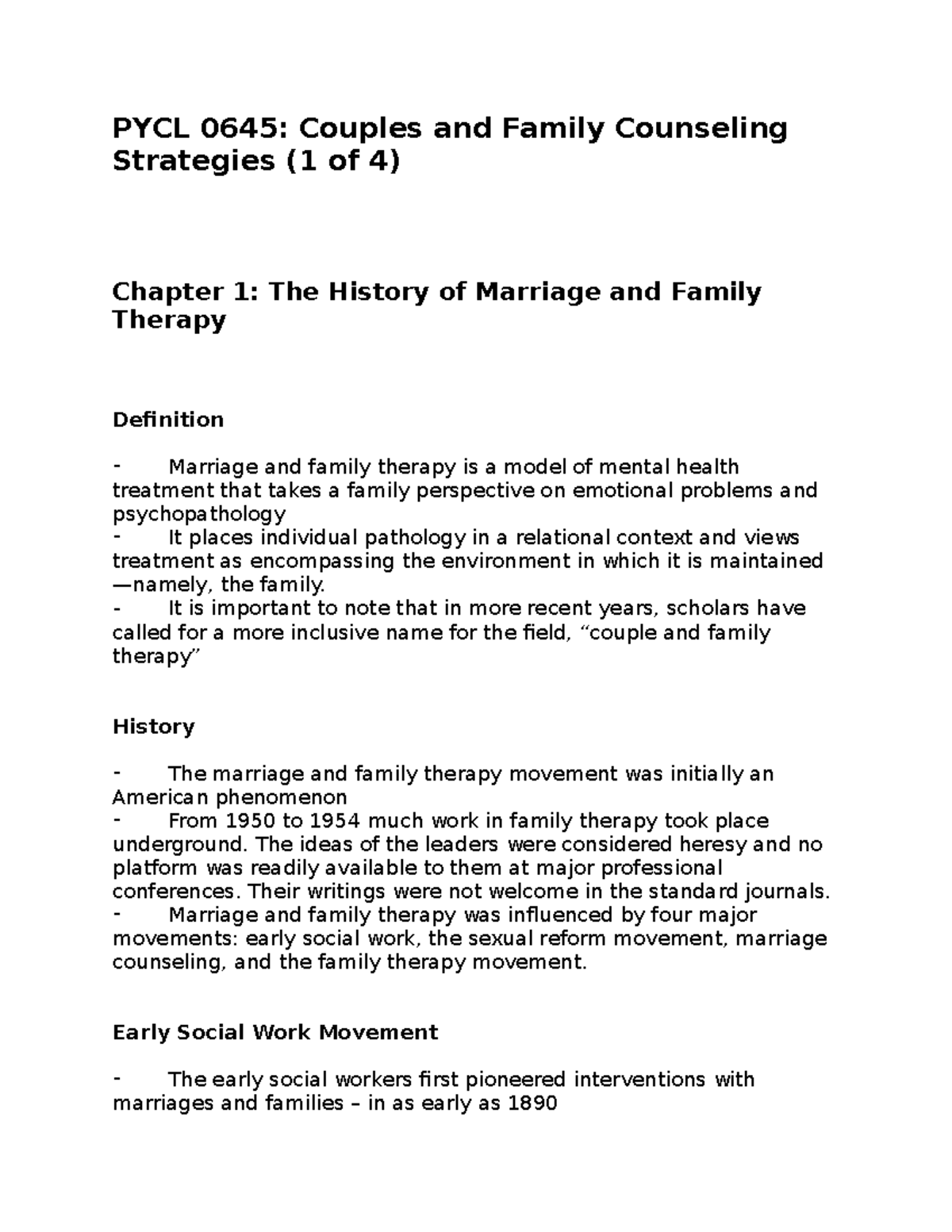 PYCL 0645 Course Notes Pt. 1 - PYCL 0645: Couples and Family Counseling  Strategies (1 of 4) Chapter - Studocu