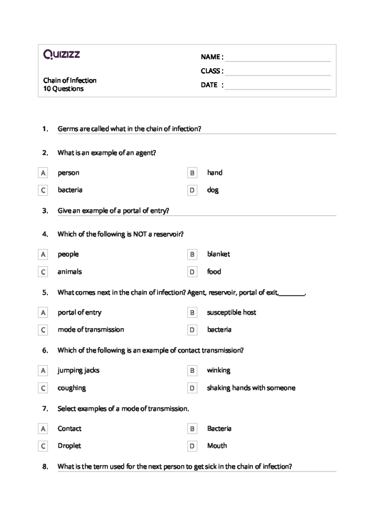 Quizz of The Chain of Infection Chain 10 Questions of Infection NAME