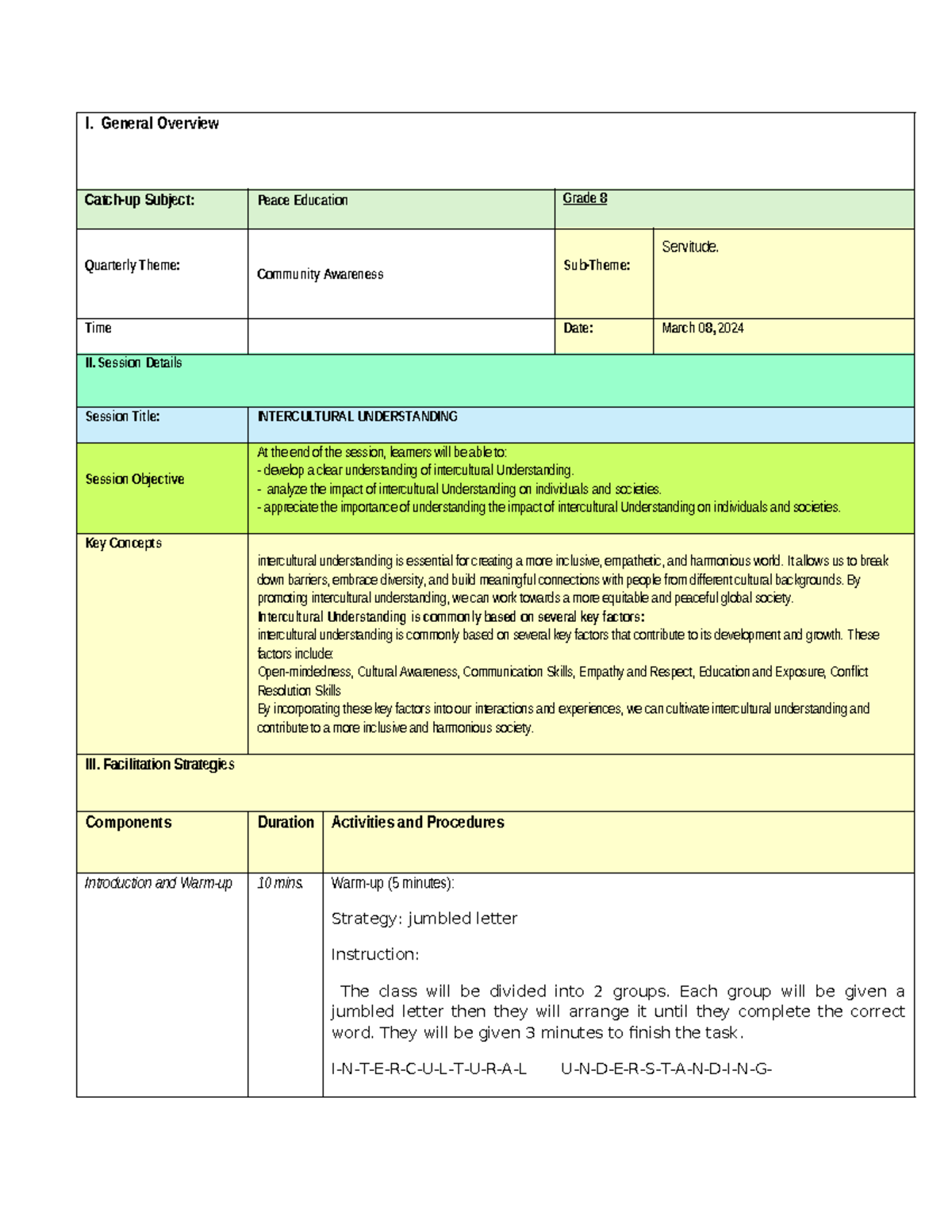 Lesson plan intercultural Understanding March 08 2024 - I. General ...